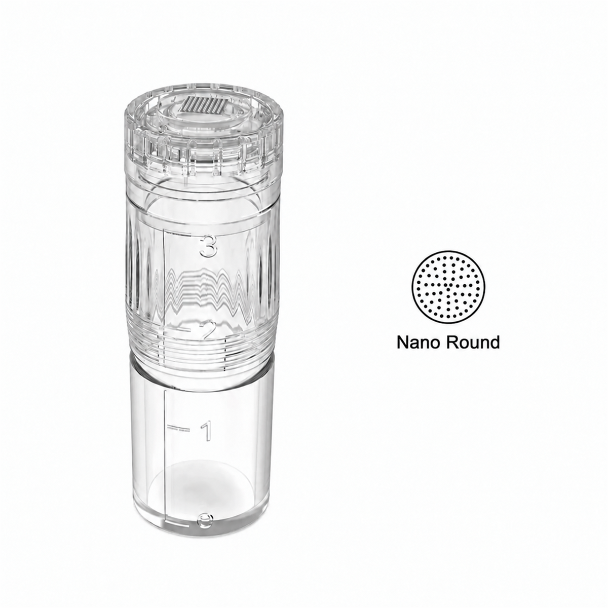 Nano Round-patron til Hydra Pen H3 og H5, med beholder og diagram over det runde spissmønsteret