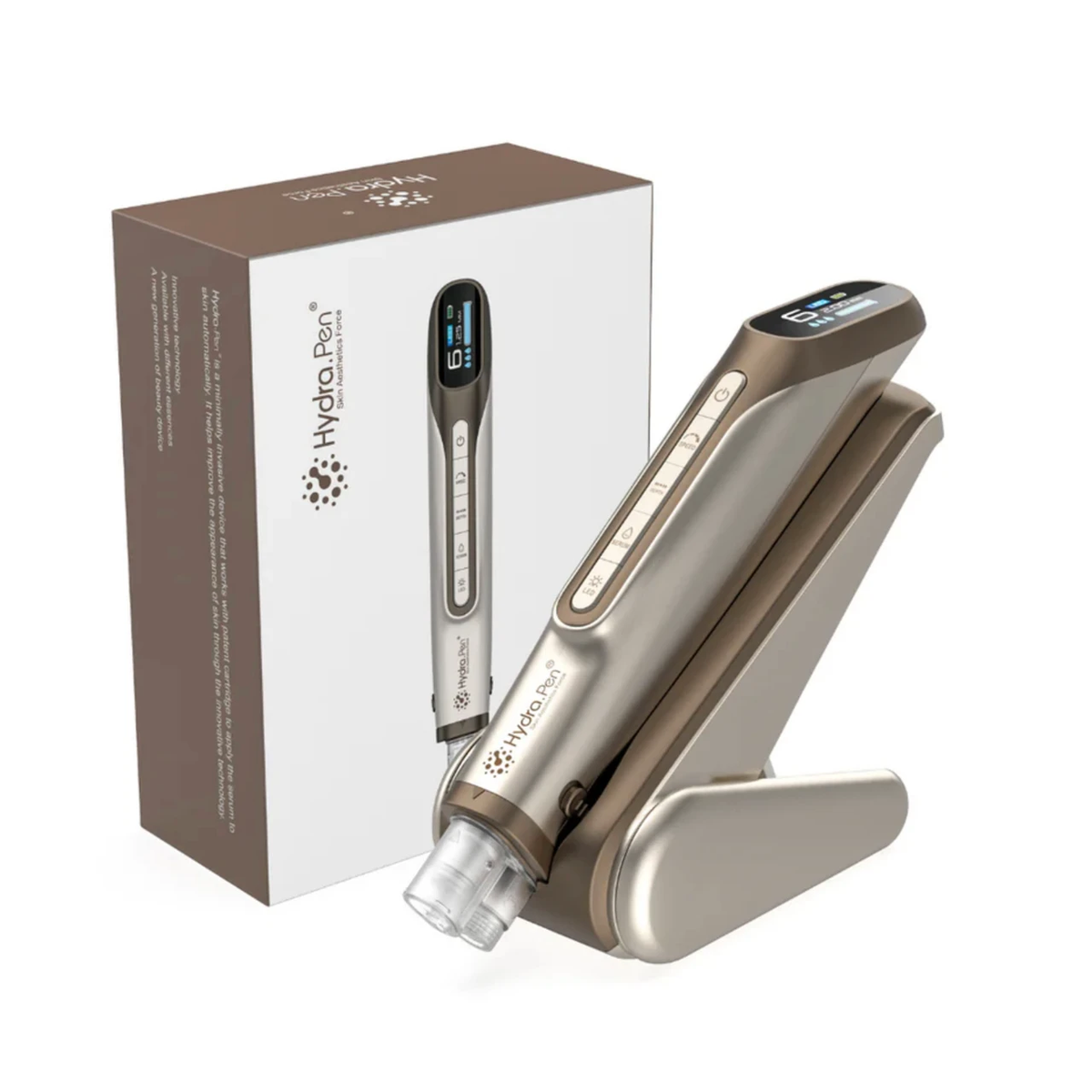 Hydra Pen H6 i champagnegull på stativet ved siden av tilhørende produkteske