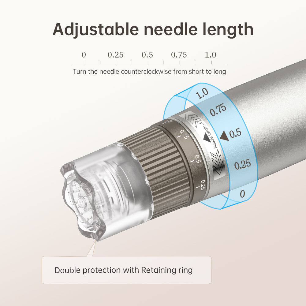 Manuell justeringsring for nålelengde på Hydra Pen H3, merket 0–1,0 mm