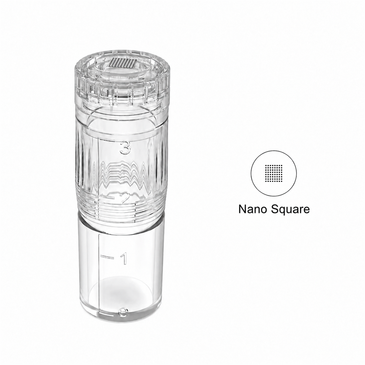 Nano Square-patron til Hydra Pen H3 og H5, med beholder og diagram over det firkantede spissmønsteret