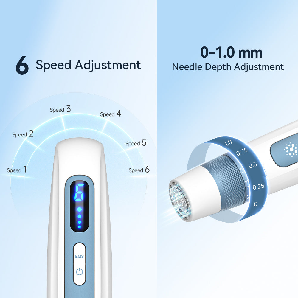 Hastighetsskjerm med seks nivåer og manuell justeringsring merket 0–1,0 mm på Hydra Pen H5