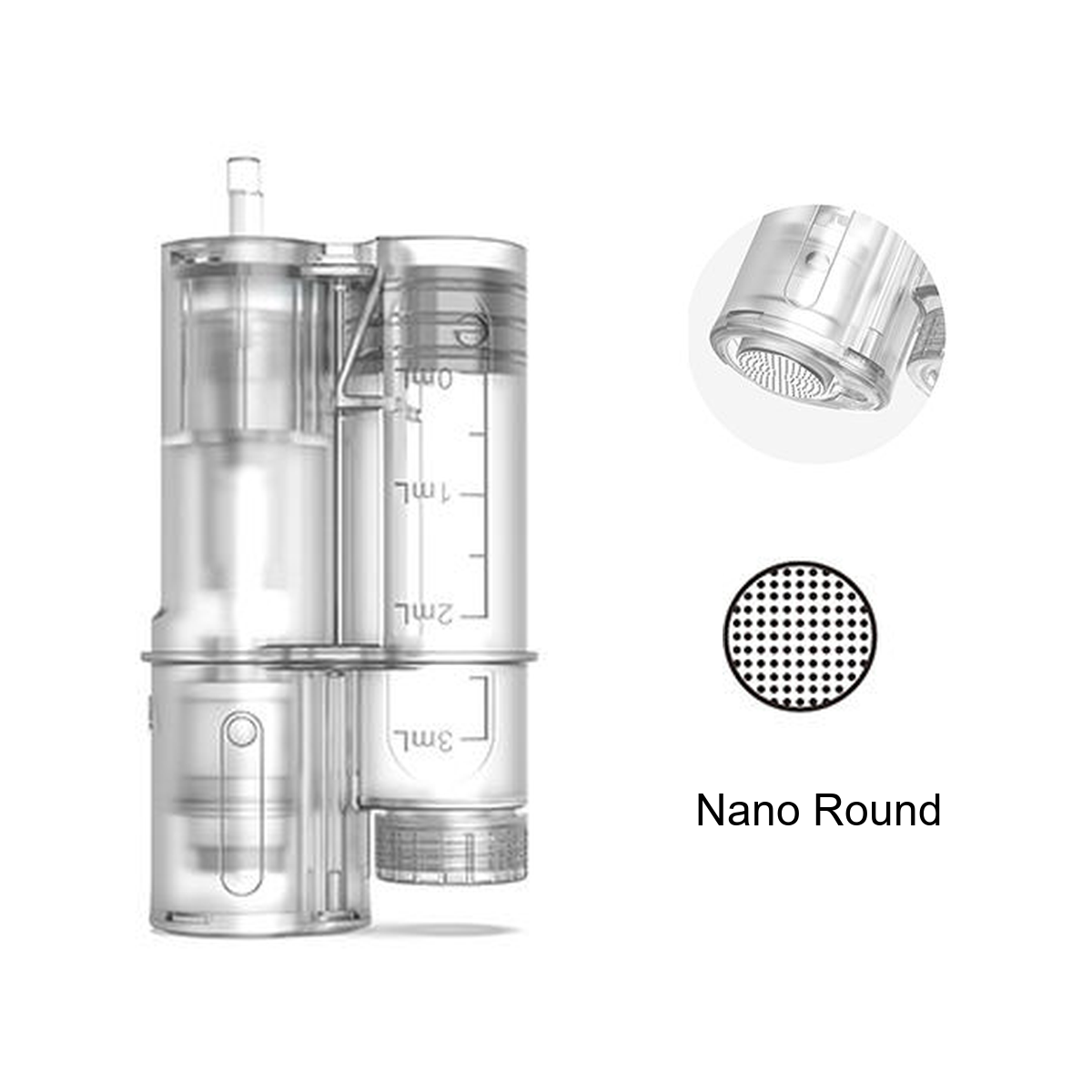 Nano Round-patron til Hydra Pen H6 med gradert beholder og detalj av den runde kontaktspissen