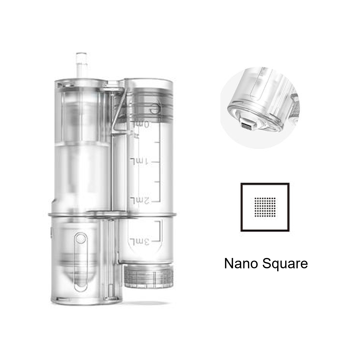 Nano Square-patron til Hydra Pen H6 med gradert beholder og detalj av den firkantede kontaktspissen